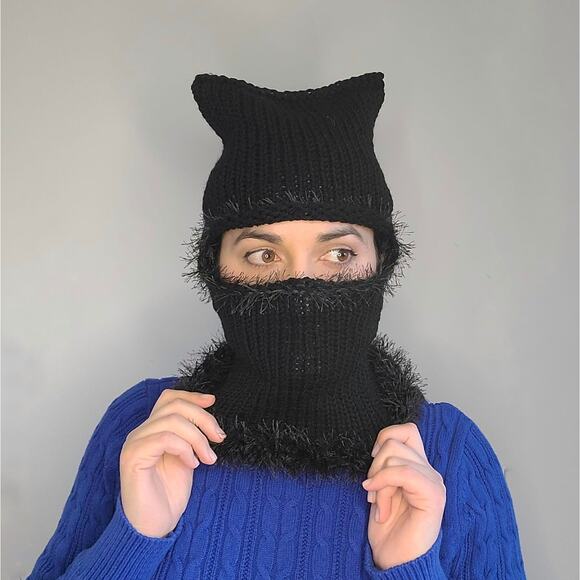 Black Cat Fairy Grunge Fuzzy Knitted Handmade Balaclava Winter Hat - Picture 2 of 8